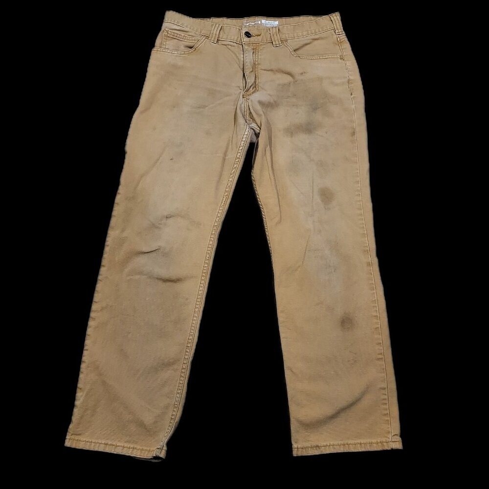 Carhartt Men Rugged Canvas Work Pants Tan Worn Stained 33" Waist 28" Inseam